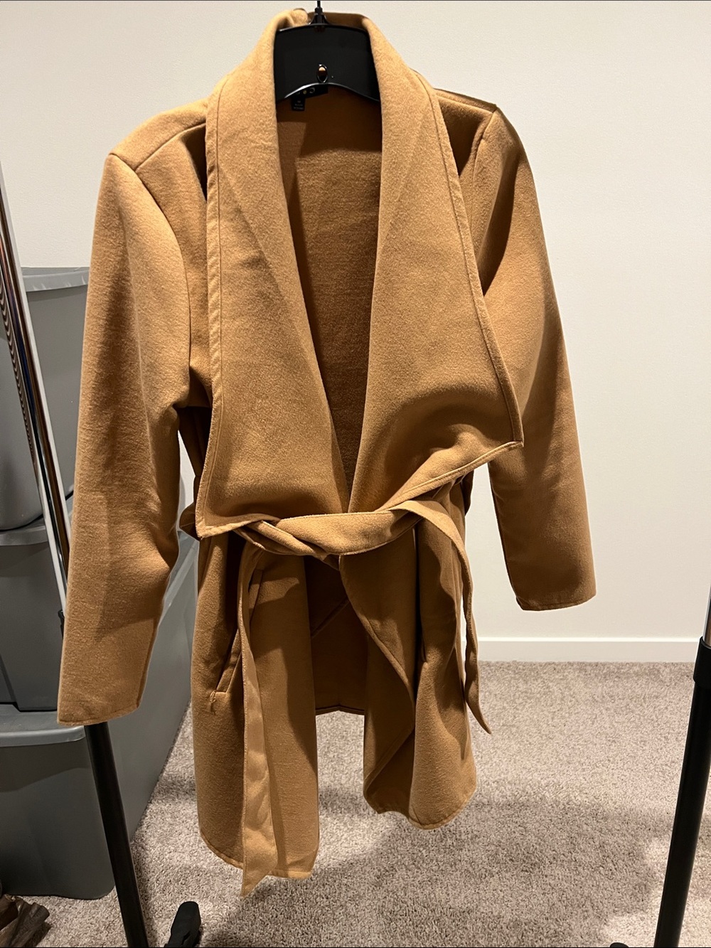 Women's Camel Wrap Coat - Belted Open Front Jacket